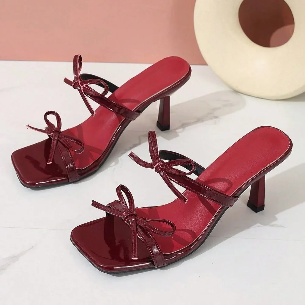 Burgundy Bowknot Open Toe High Heel Women's Sandals